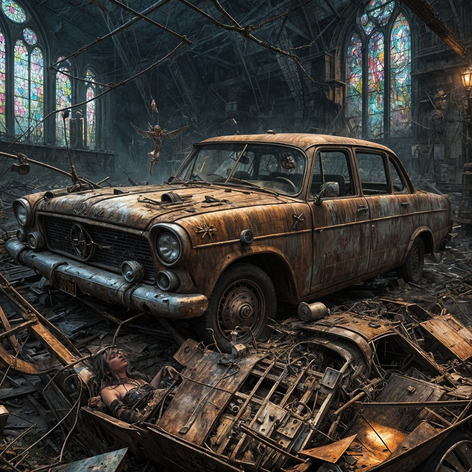 Crystal Fairy in Junkyard: Hyperrealistic Digital Art