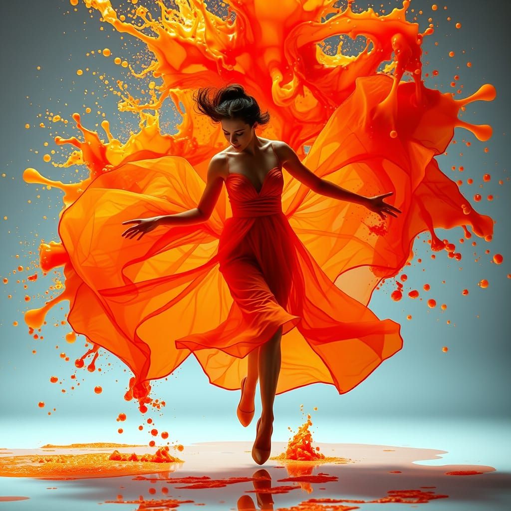 Graceful Dancer in Flowing Orange Garments