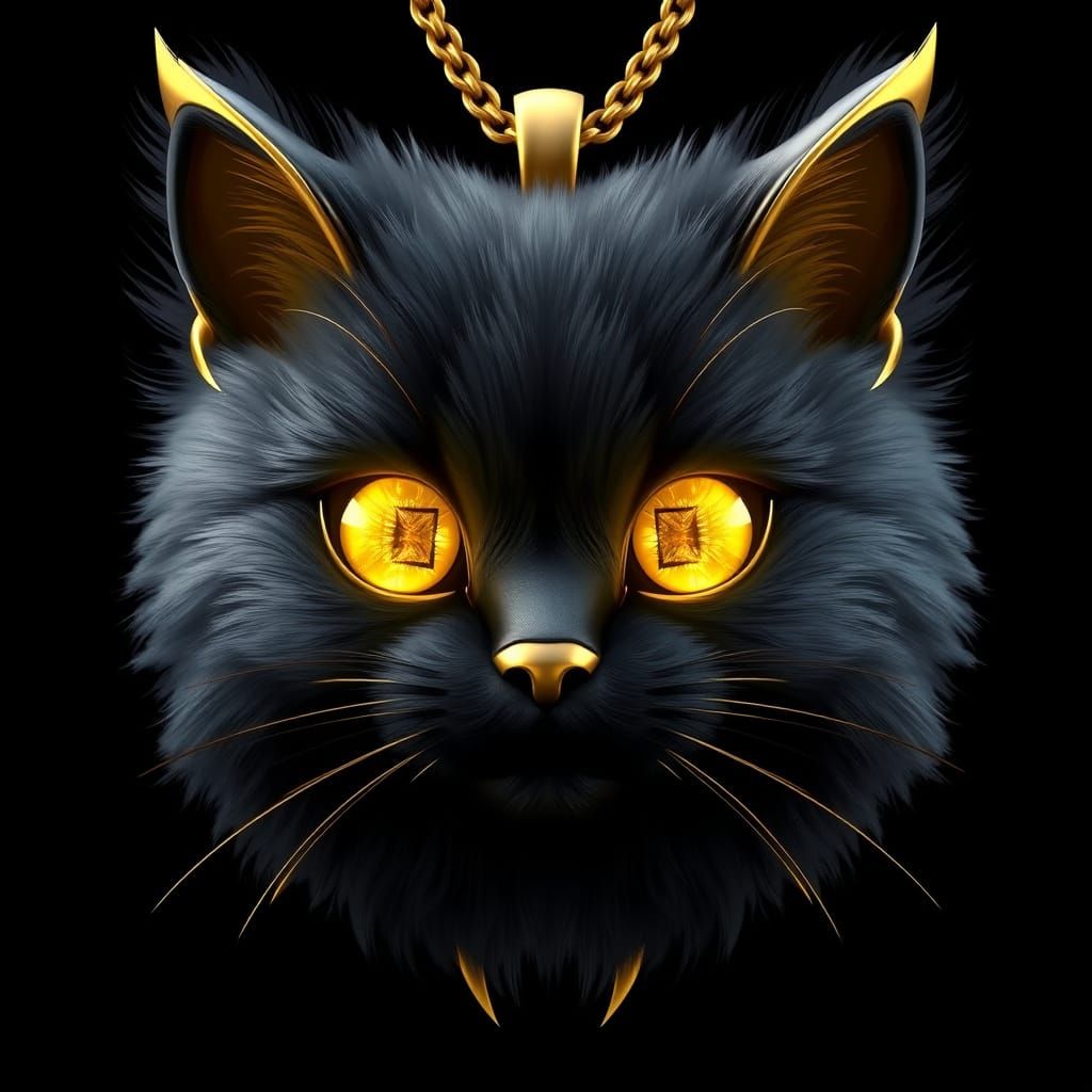 Lifelike Black Cat Pendant in Shiny Gold