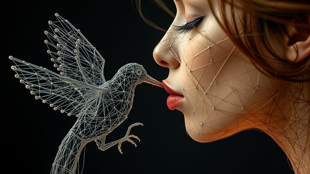 String Portrait: Woman Kissing Bird