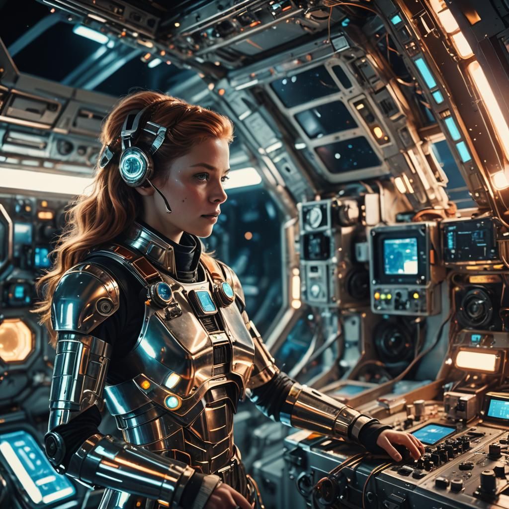 Android Repairs Solar Panel in Retro-Futuristic Style