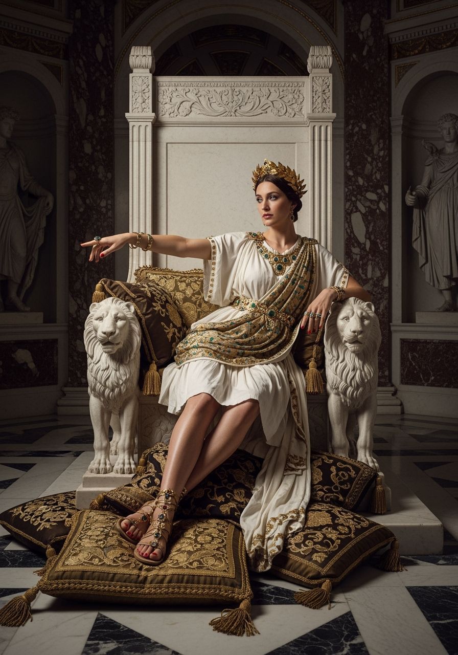 Opulent Roman Empress on Marble Throne in Lavish Toga