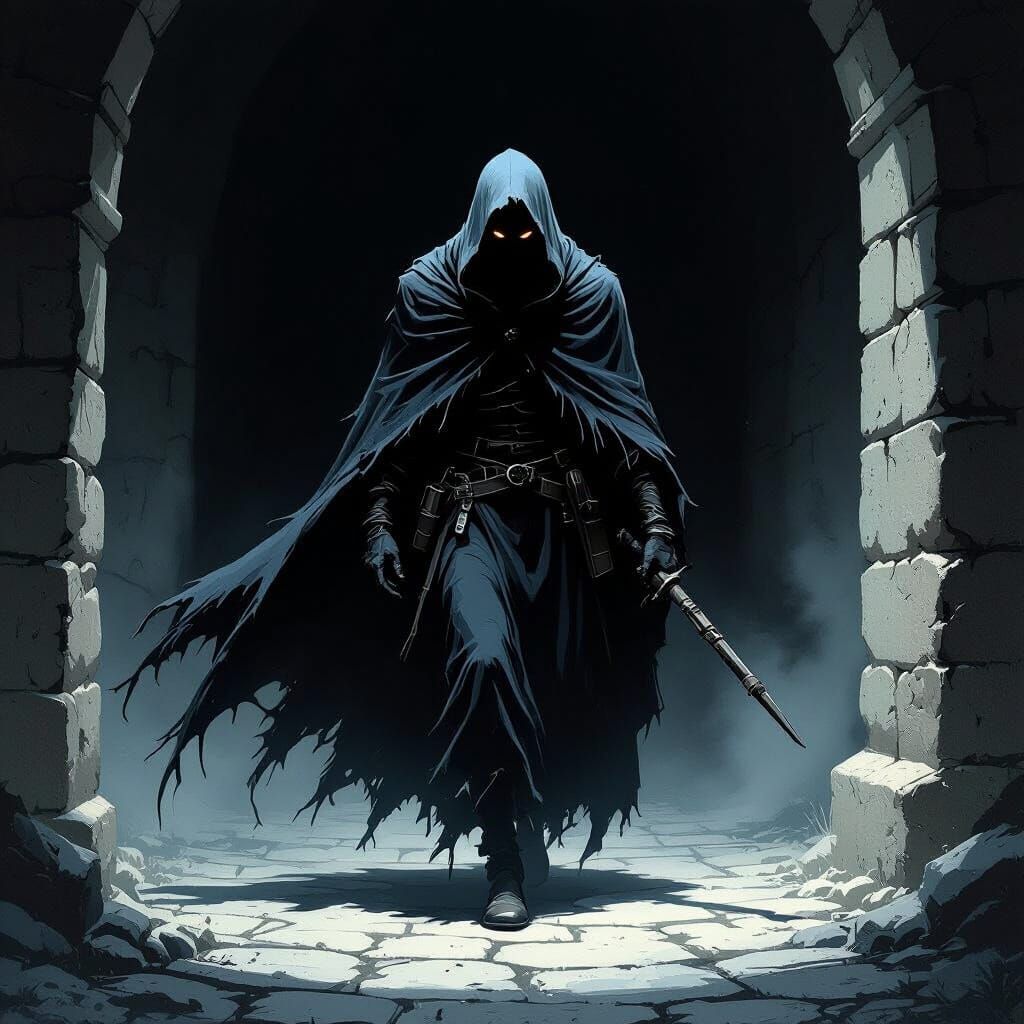 Dark Fantasy Cloaked Figure with Medieval Weapon