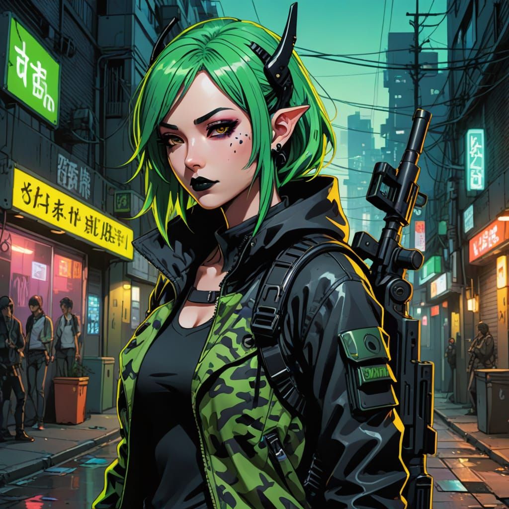 Cyberpunk Goth Elf Sniper Girl in Urban Camo Uniform