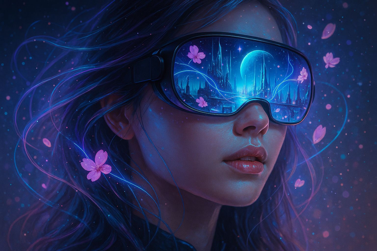 Futuristic Woman with AR Goggles and Alien Cityscape
