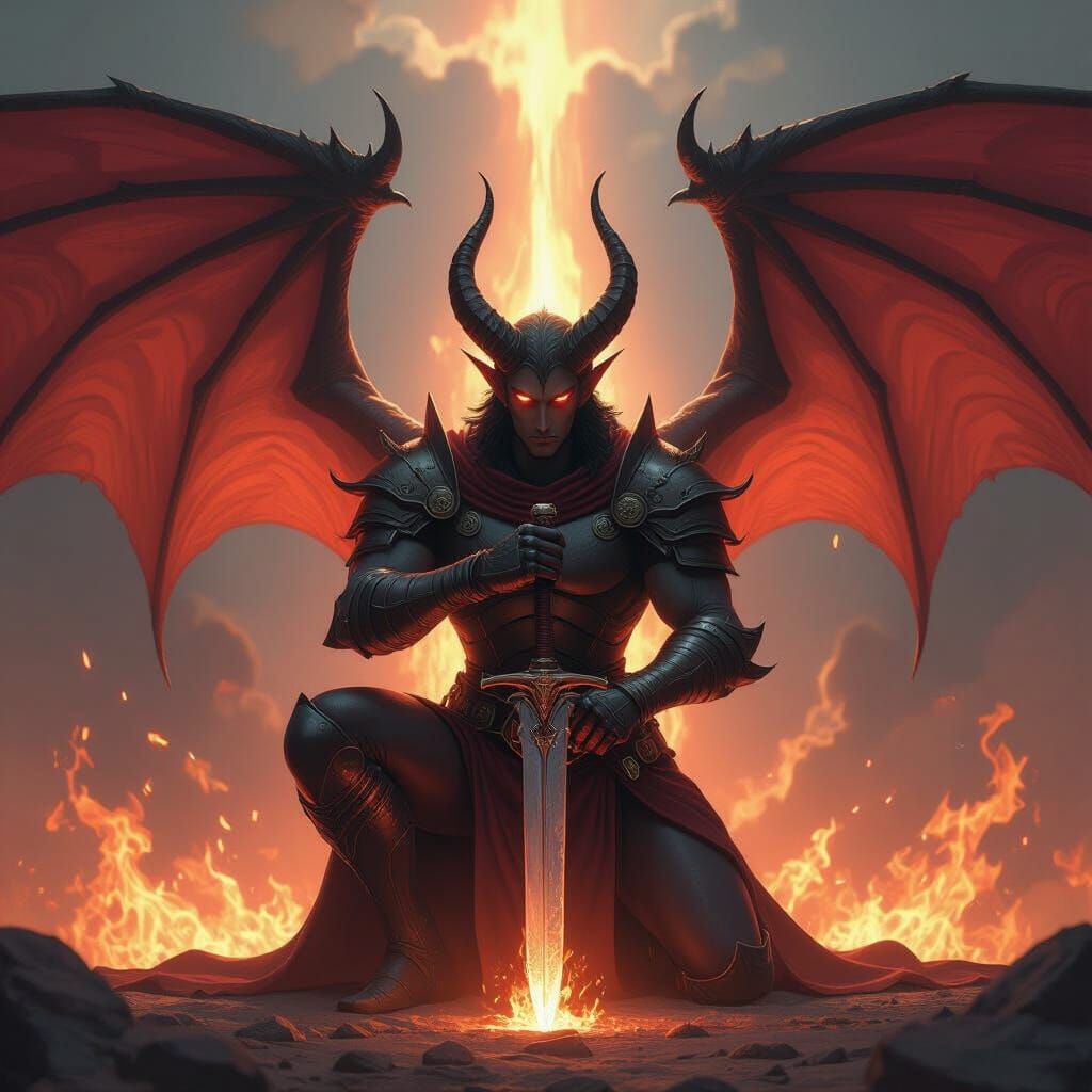Formidable Demon Kneeling with Fiery Aura and Sword