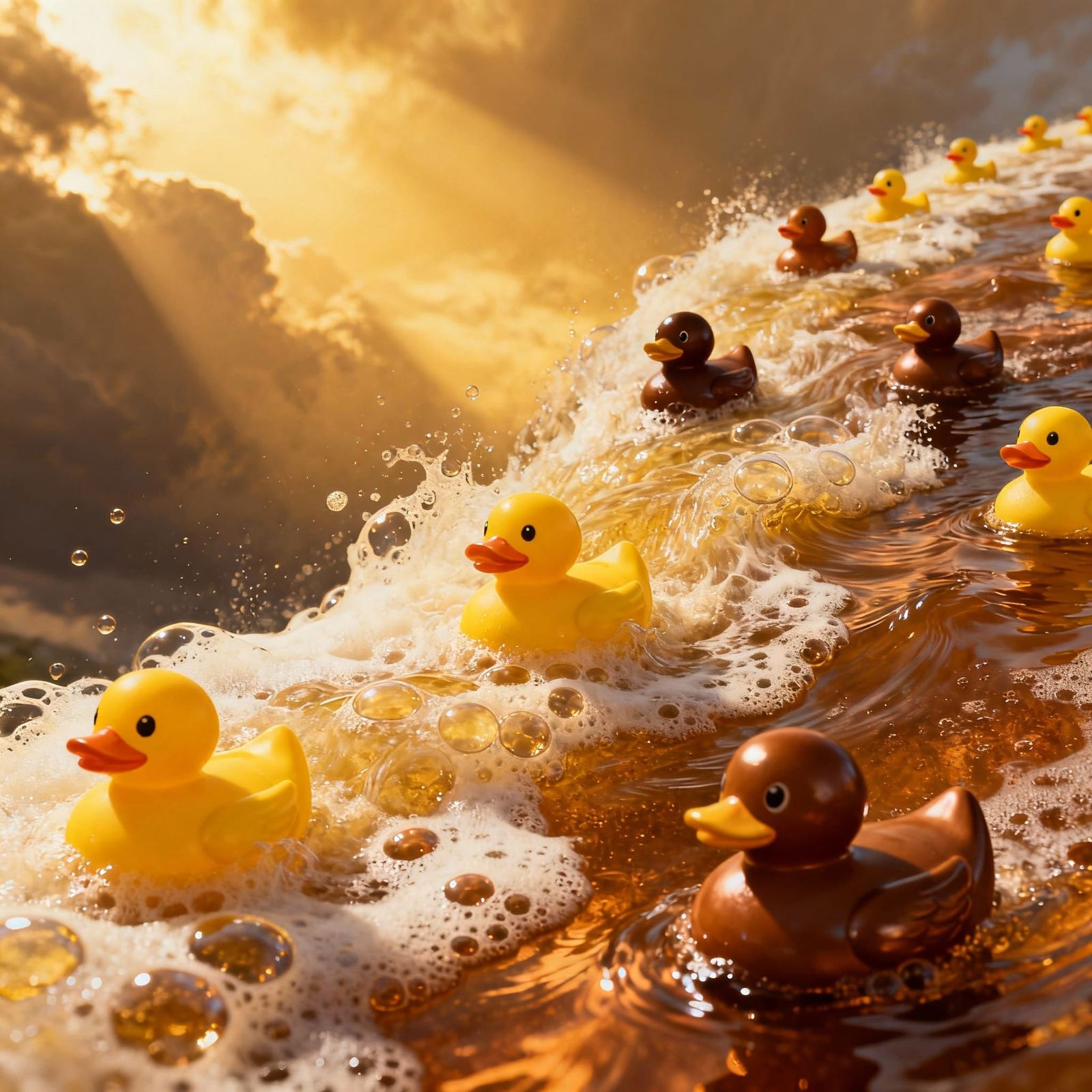 Surreal Beer Foam Stream with Rubber Ducks