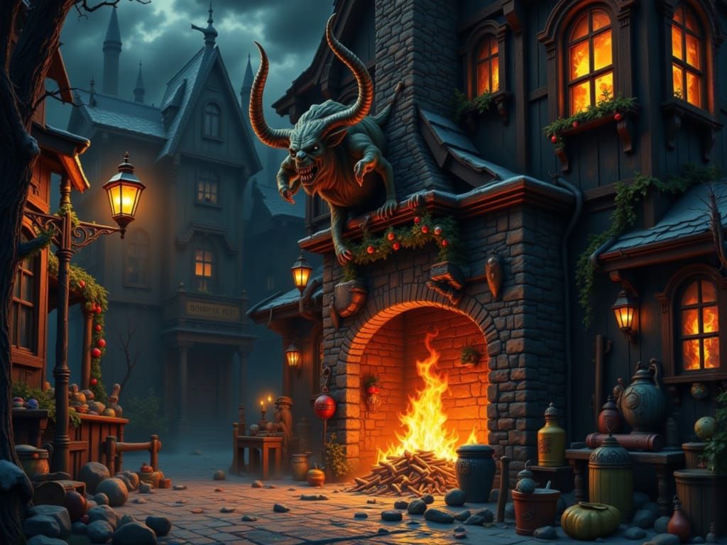 Krampus Near Fiery Chimney in Dark Fantasy Christmas Scene