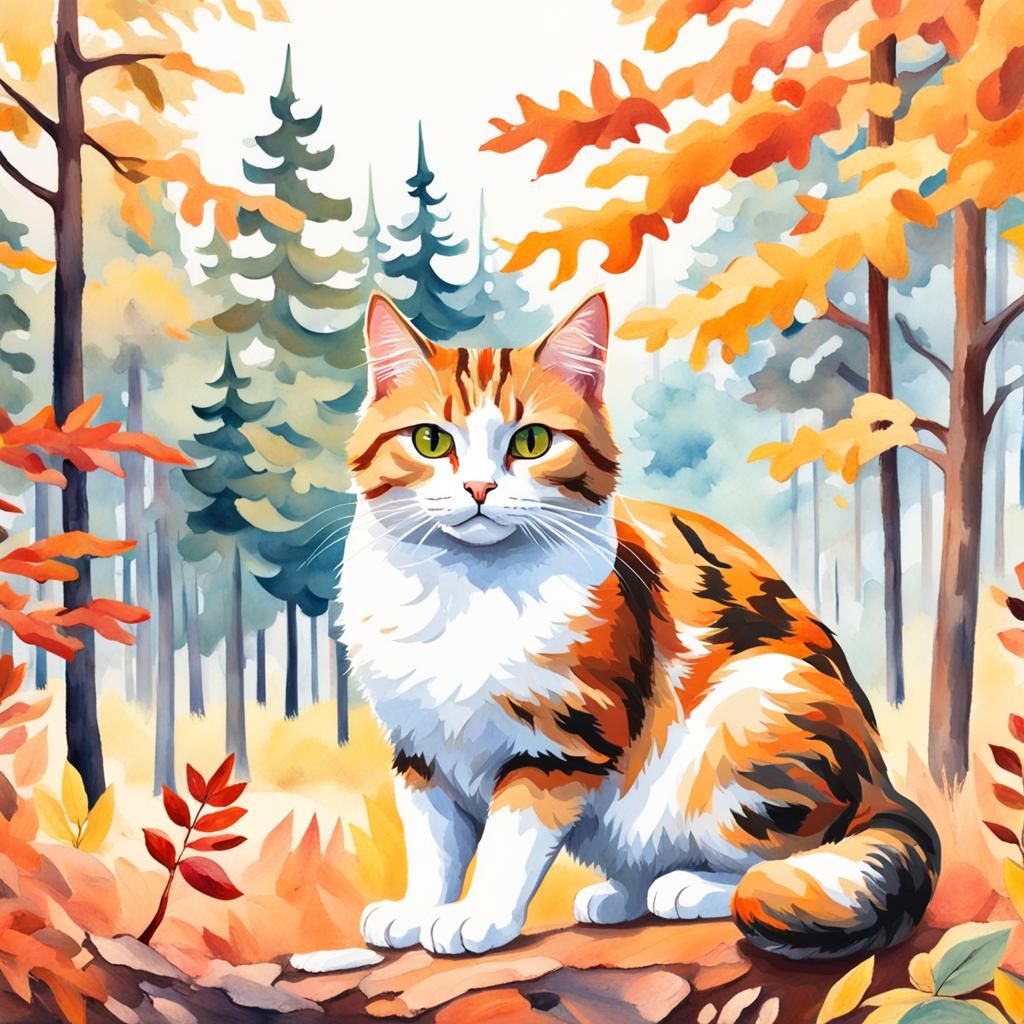 Cat in Autumn Forest as Gouache Sticker Logo