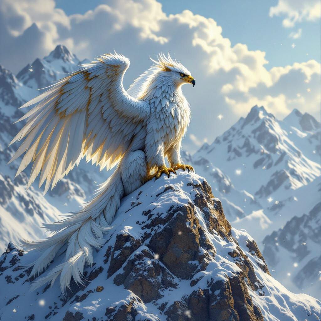 Griffin Perched Atop Snowy Mountain: Digital Painting