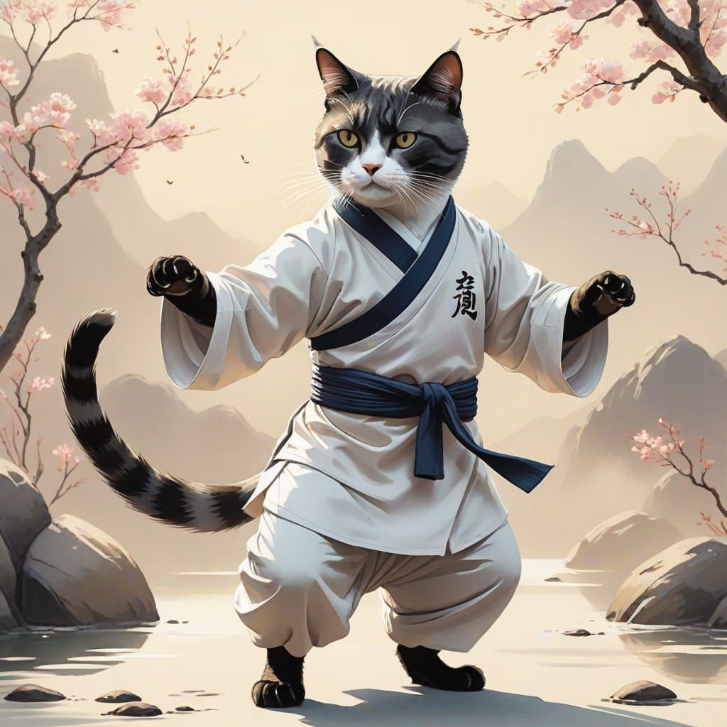 Cat Practicing Tai Chi in Chinese Ink Style