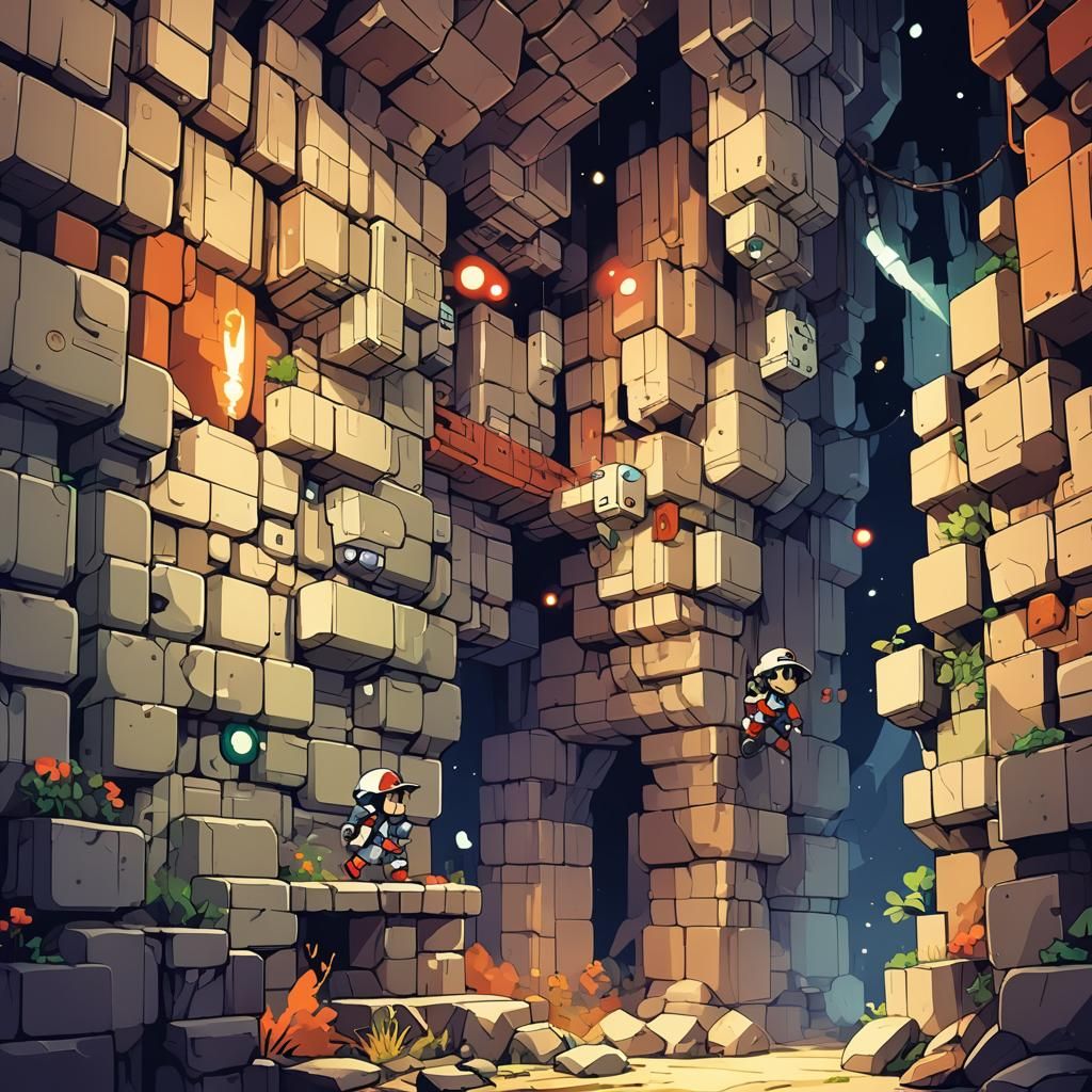 Cave Story Character Exploring Outer Wall in Cartoon Style