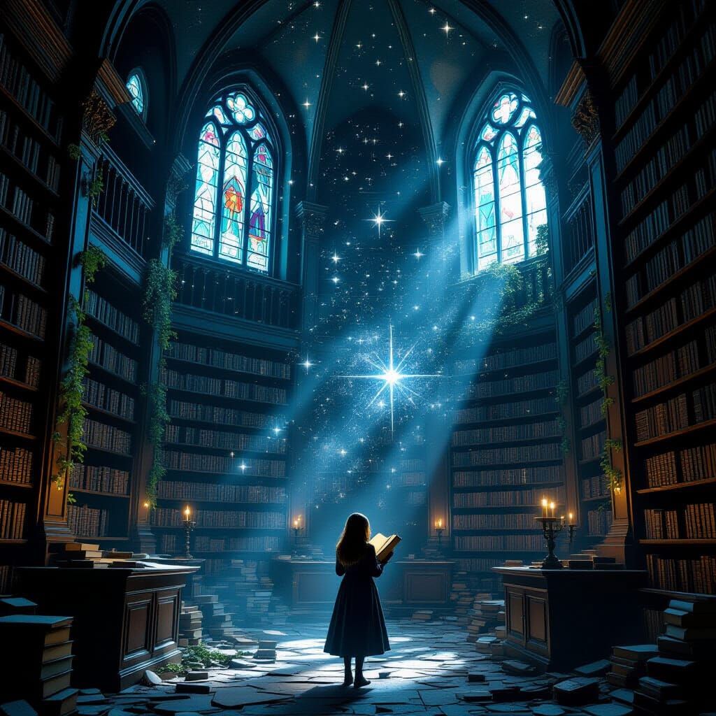 Cosmic Library: Mage Girl Reads Under Starlight