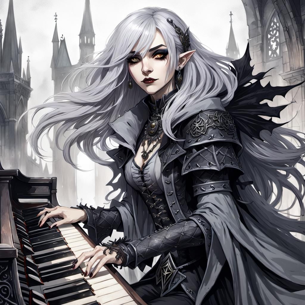 Gothic Visual Kei Half-Elf Pianist in Darkest Dungeon Style
