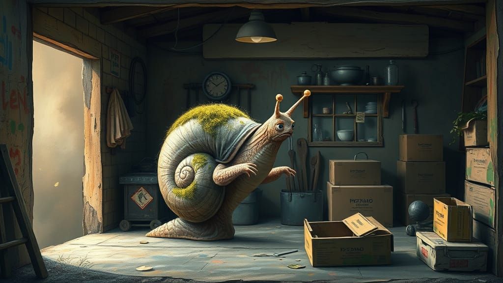 Curious Snail Explores Garage in Whimsical Style