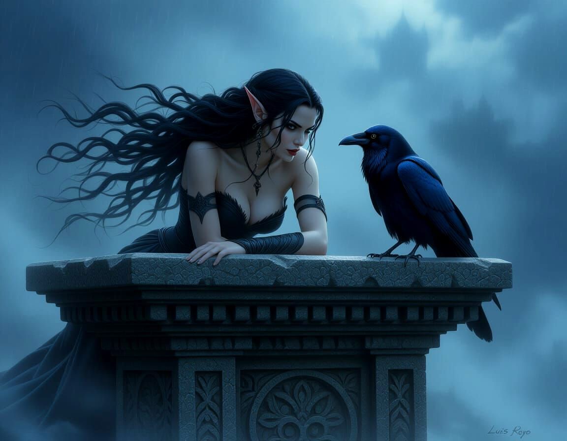 Muscular Elf Girl and Raven Beast in Dark Night