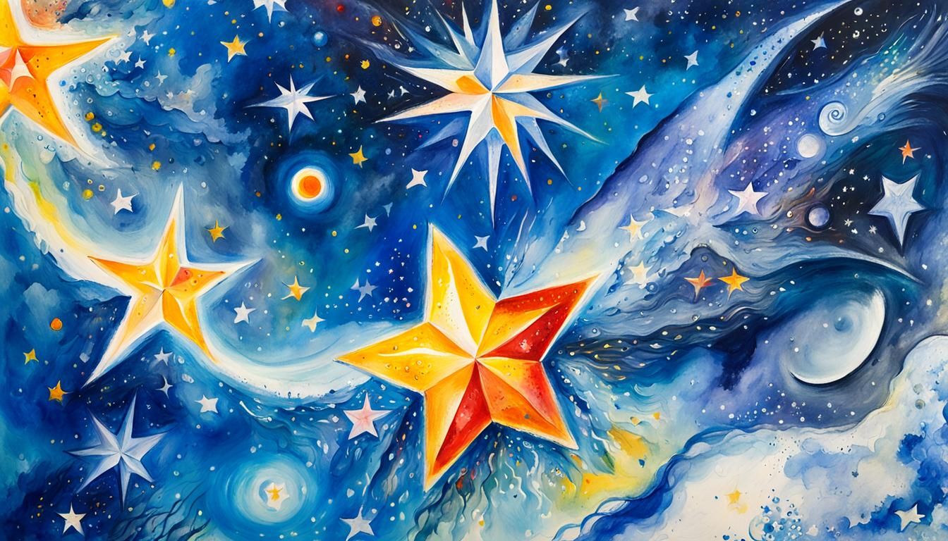 Colorful Binary Star System in Impressionist Gouache Style