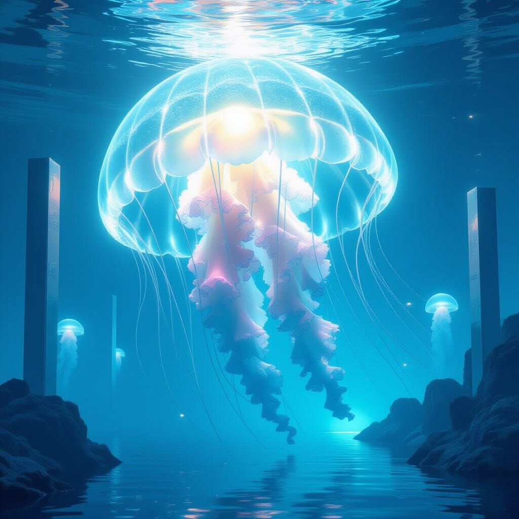 Bioluminescent Jellyfish in Futuristic Ocean