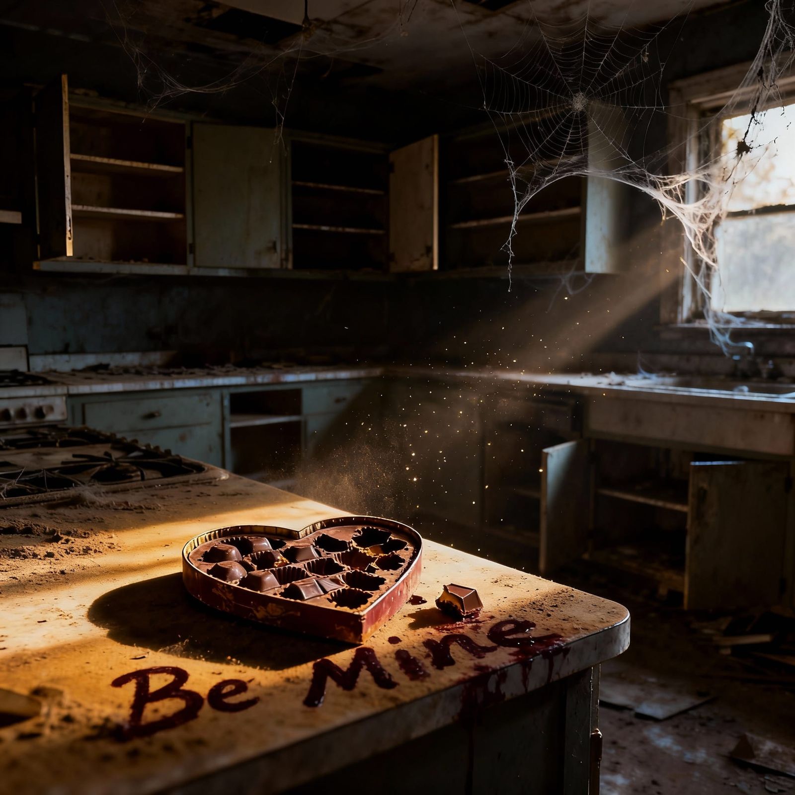 Abandoned Kitchen with Heart-Shaped Chocolates