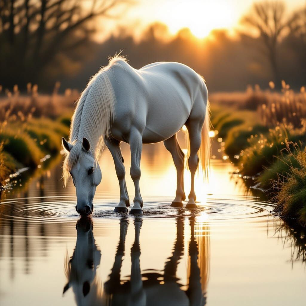 Majestic White Horse on Reflective Water at Golden Hour