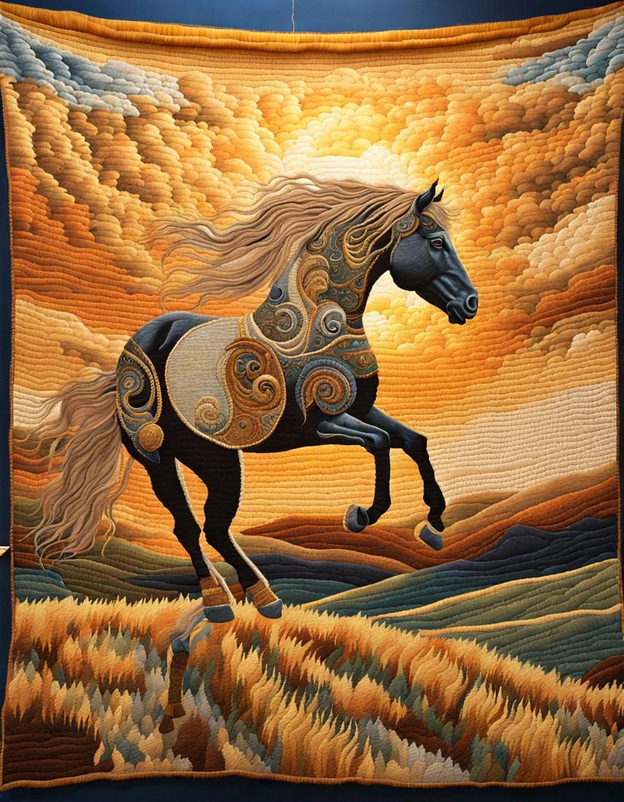 Golden Horse Tapestry in Surrealistic Splendor