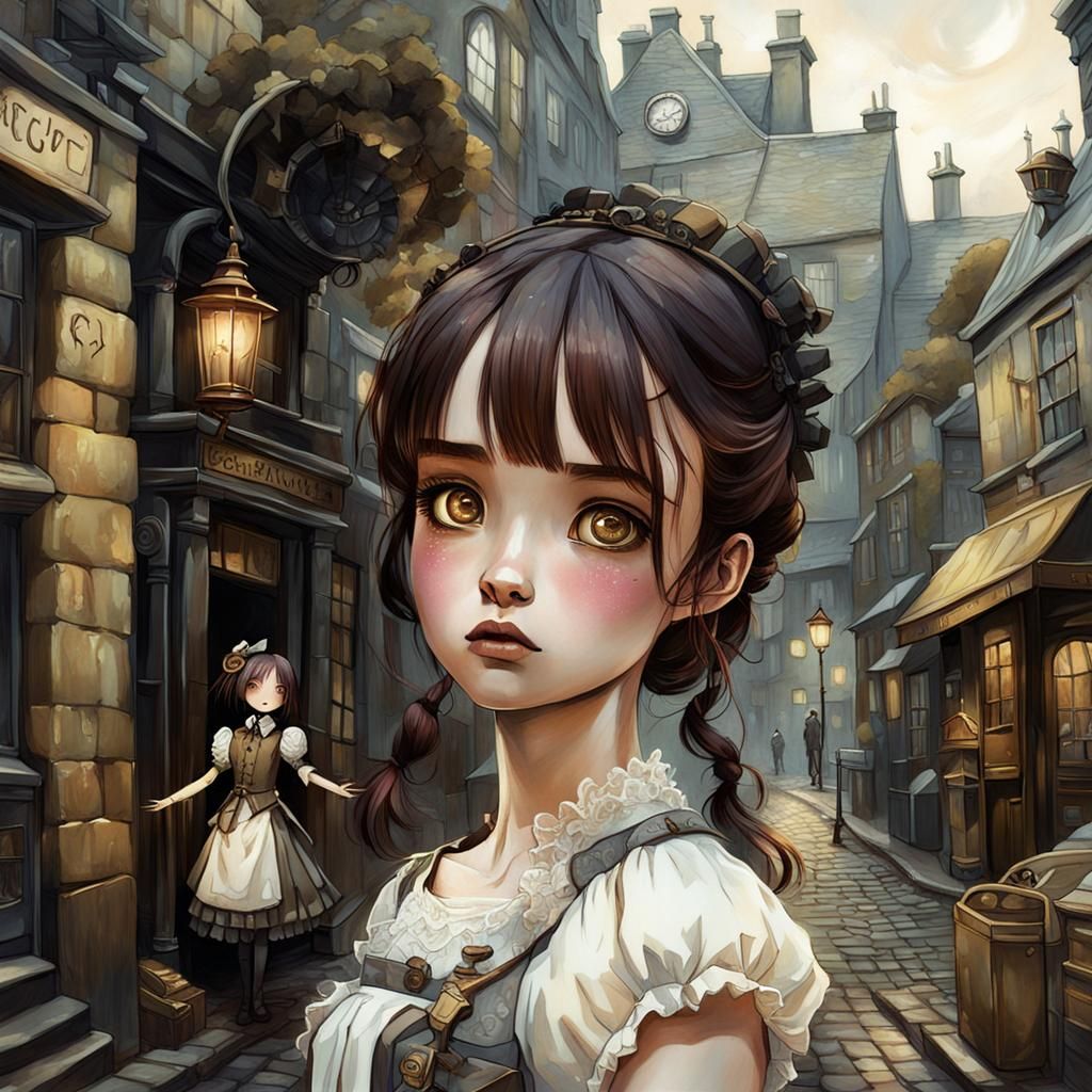 Victorian Girl in Mechanical World: Surrealist Portrait