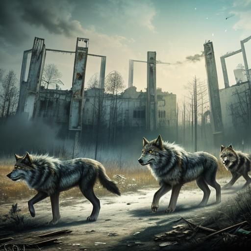 Wolves Roam Abandoned Pripyat in Hyperrealistic Splash Art