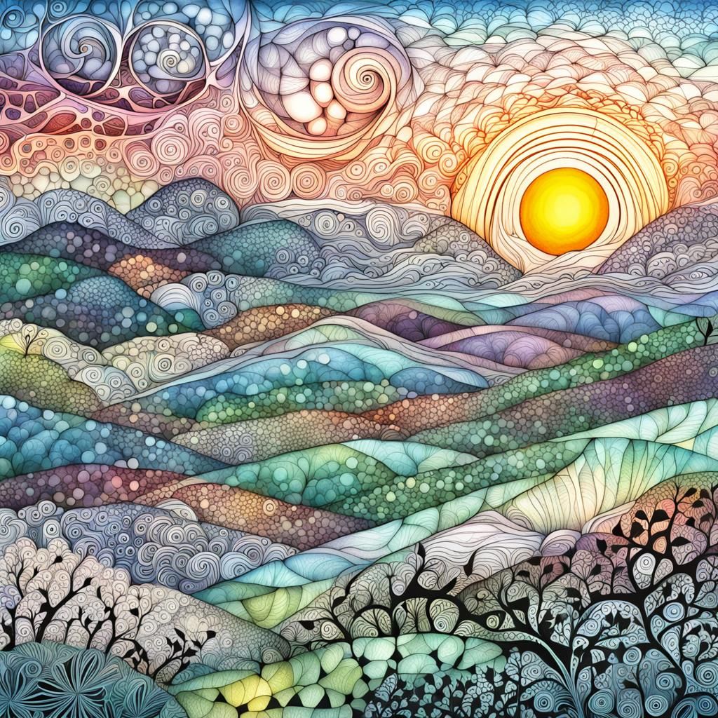 Fractal zentangle countryside misty sunrise