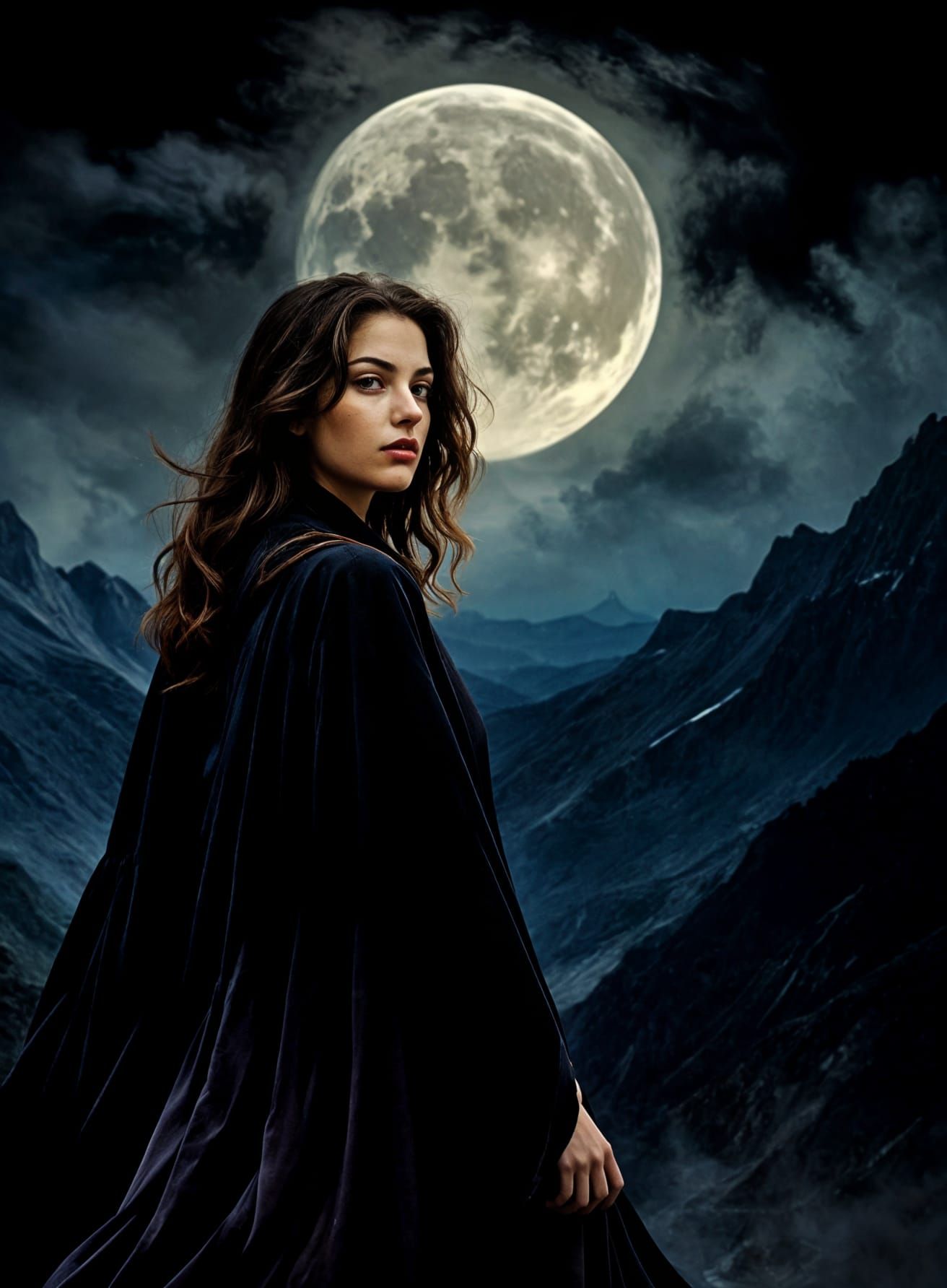 Romantic Oil Painting of Woman with Moon