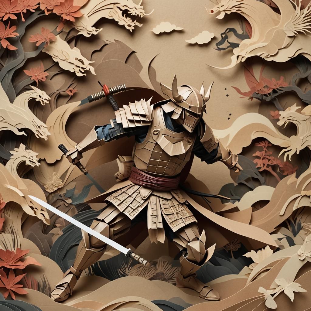 Majestic Warrior Battles Demon in Traditional Japanese Paper...