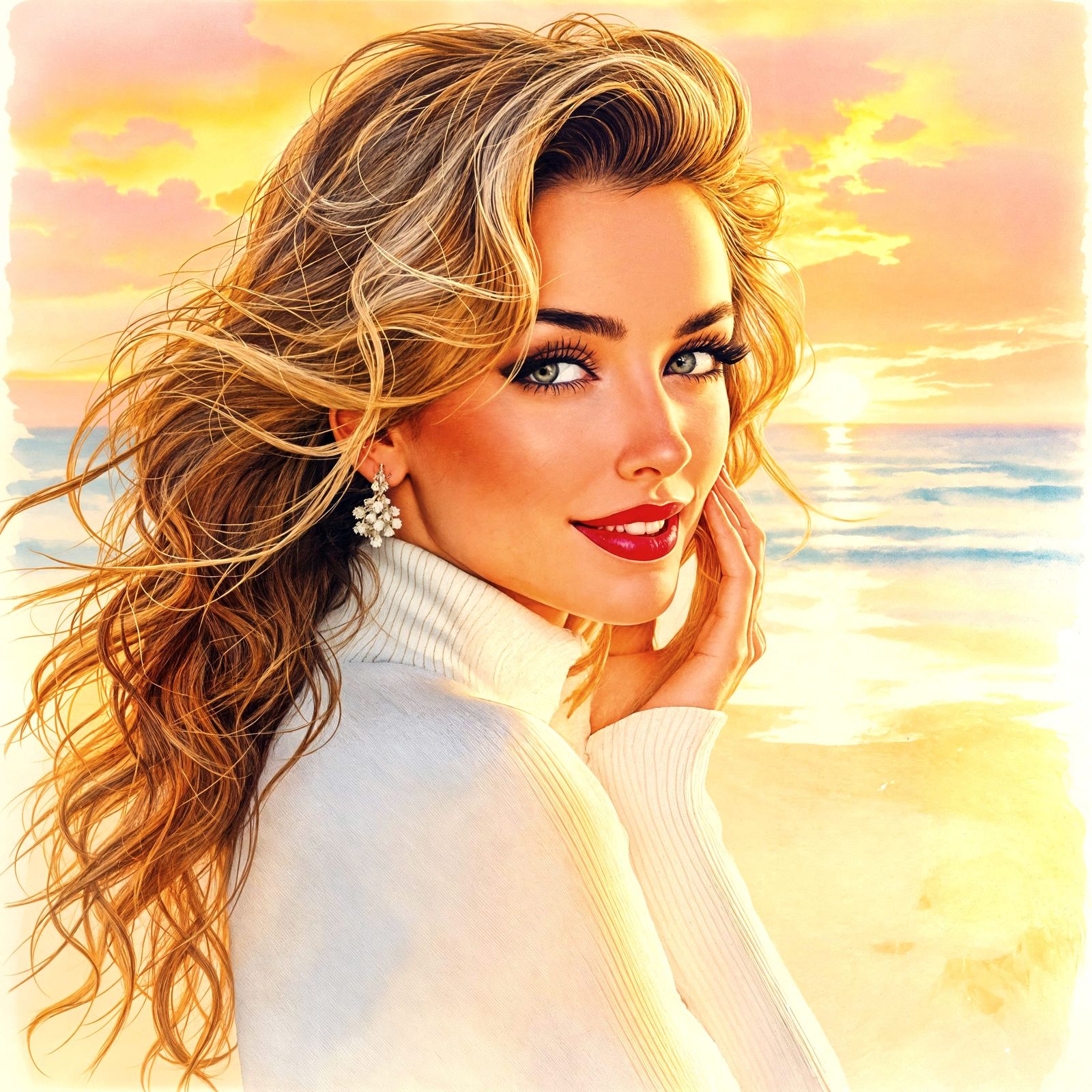Watercolor Portrait of Woman on Windy Beach
