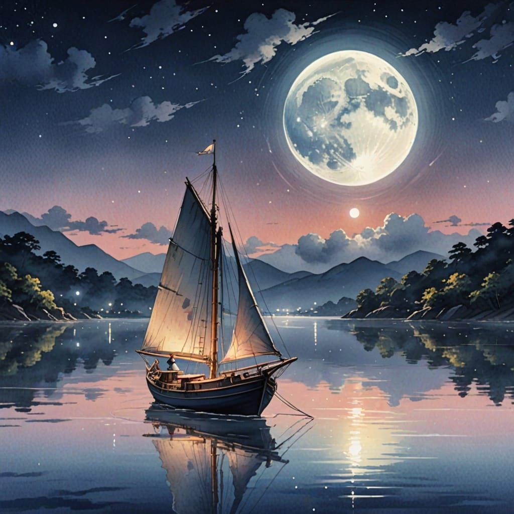 Sailing Boat Under Moonlight in Anime Style