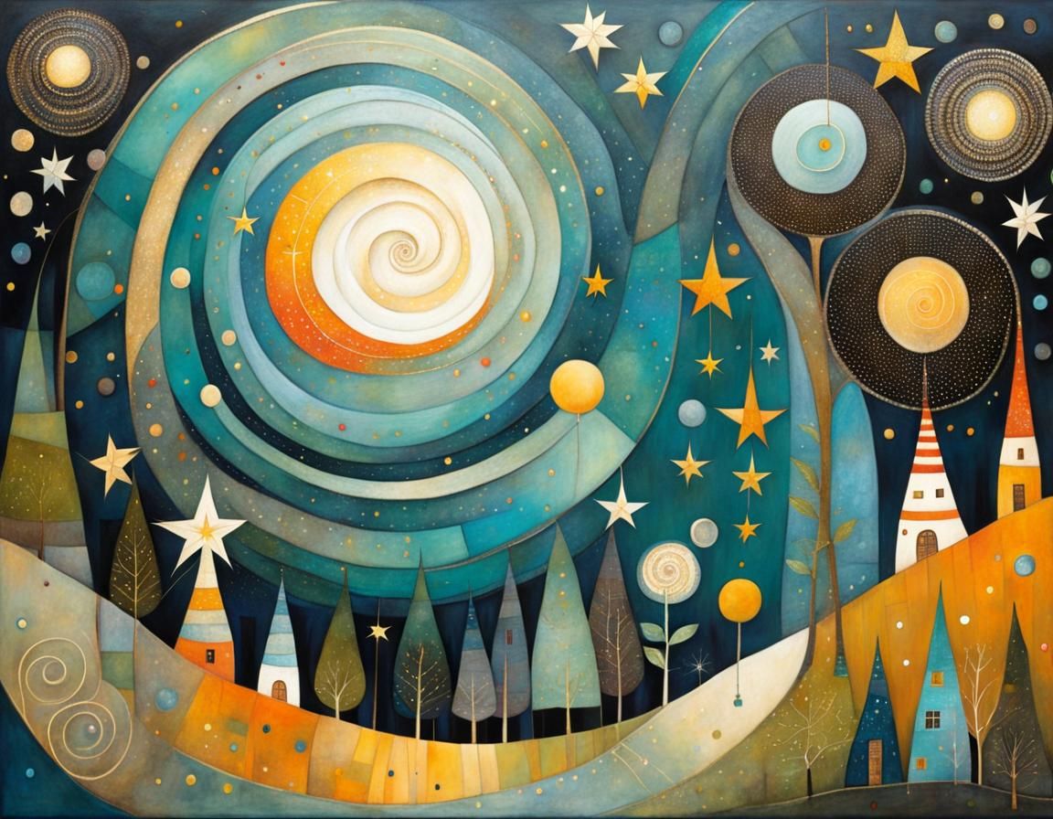 Whimsical Starry Landscape in Alcohol Ink Style