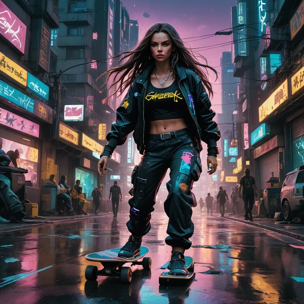 Cyberpunk Woman Skateboarding in Neon Cityscape