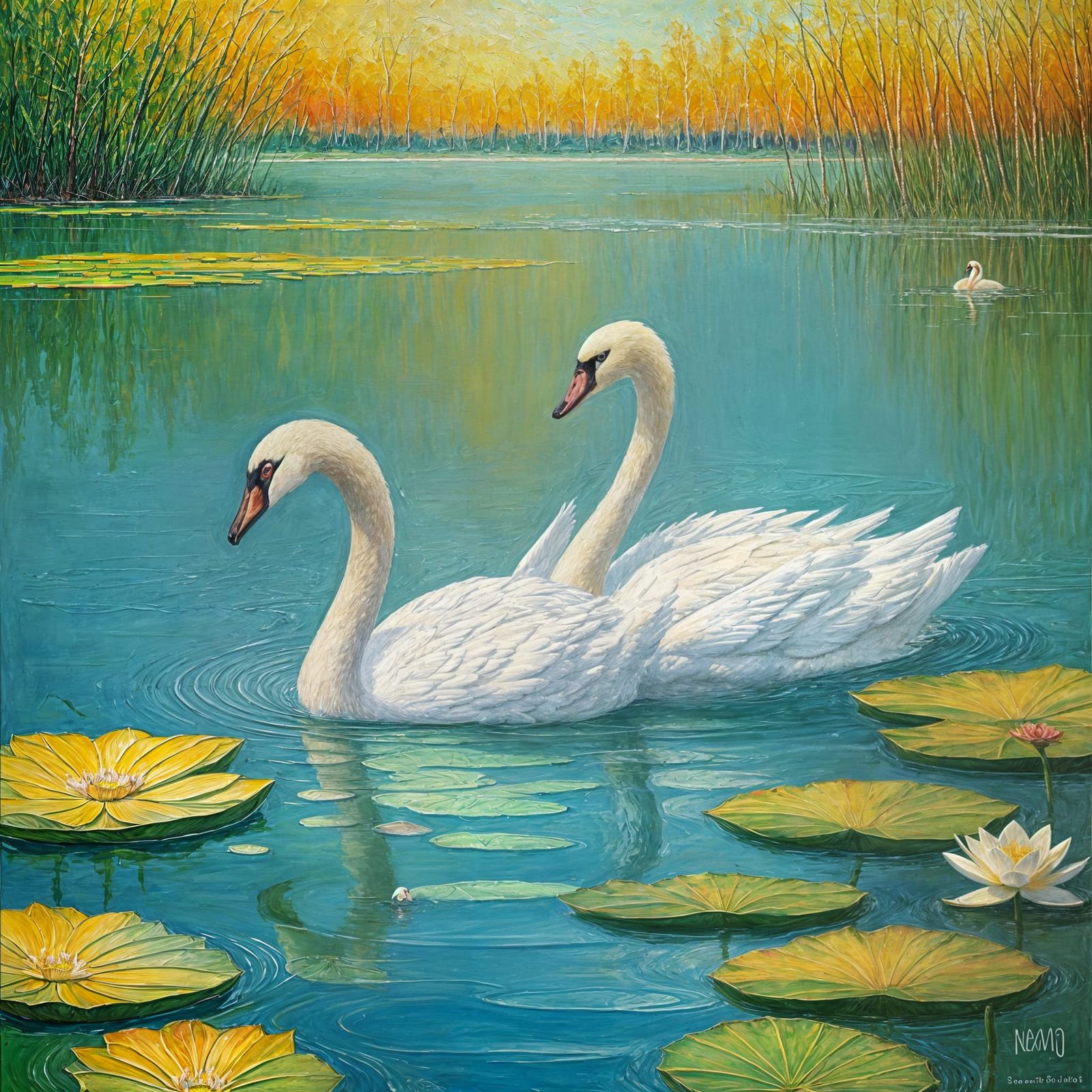 Swans in Lotus Lake: Expressionist Oil Painting