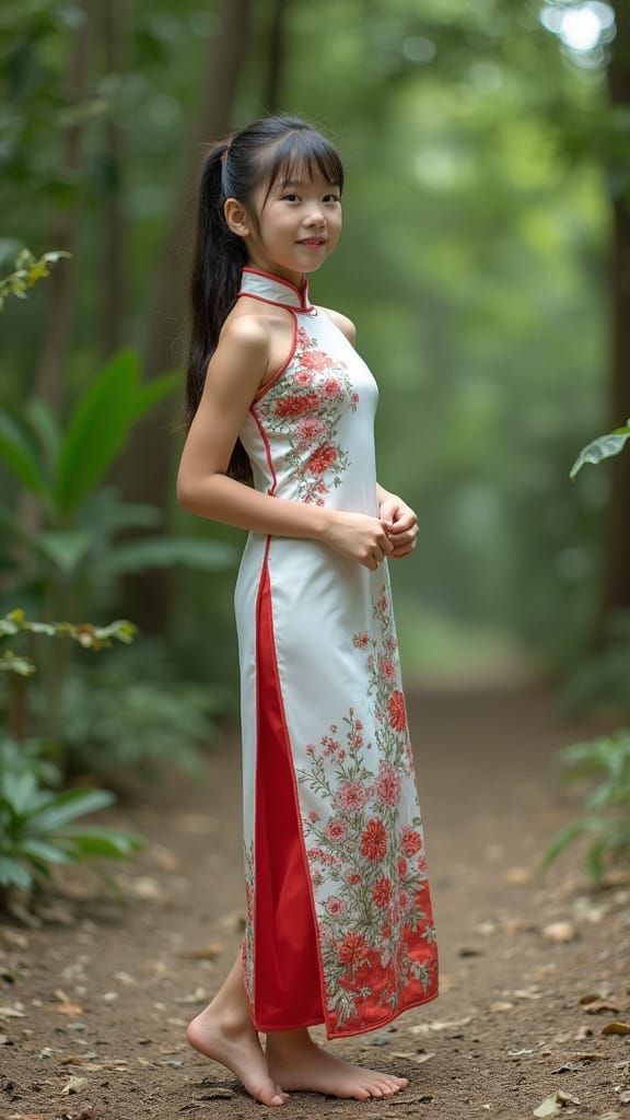Elegant Thai Girl in Cheongsam in Forest