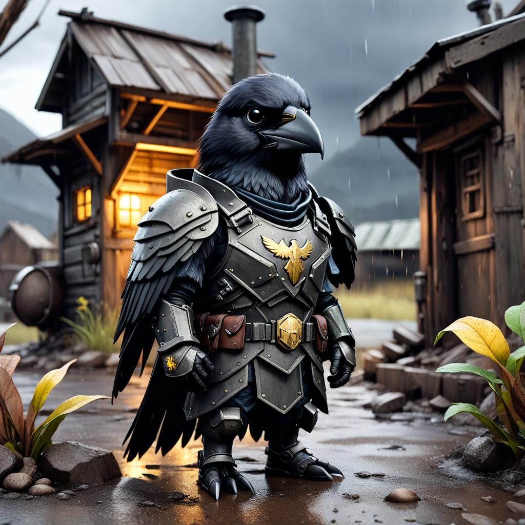 Chibi Crow in Fallout Armor: Dark Fantasy Apocalypse