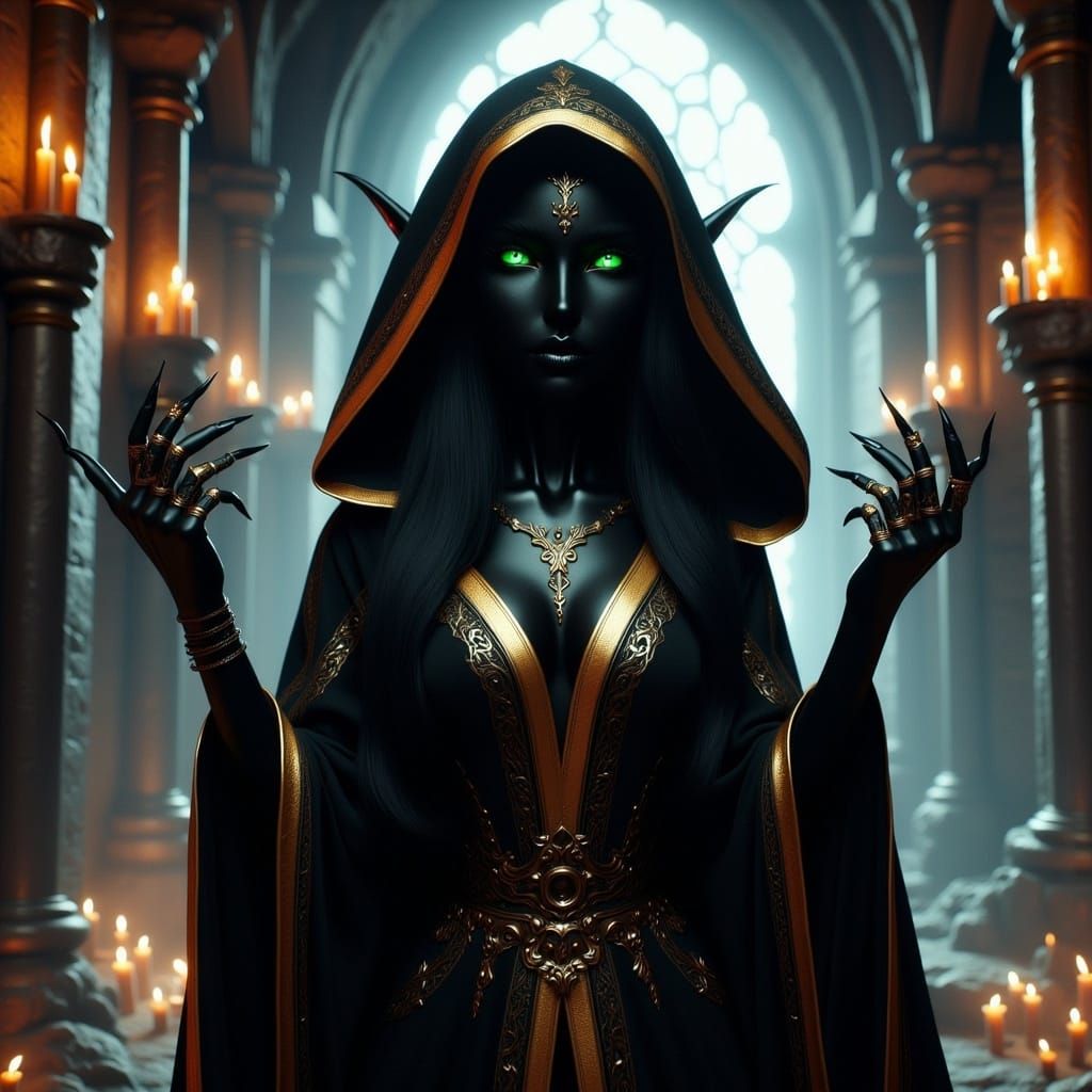 Dark Elf Priestess in Mystical Temple Illustration
