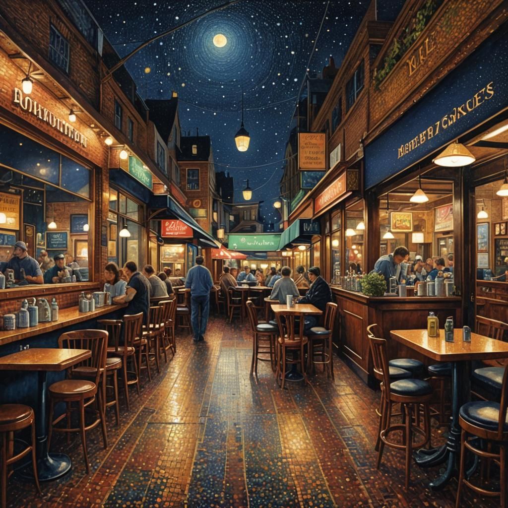 Pointillist Night Cafe with Detailed Dot Work
