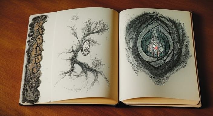 Mystical Tome of Magic Artefacts on Mossy Table