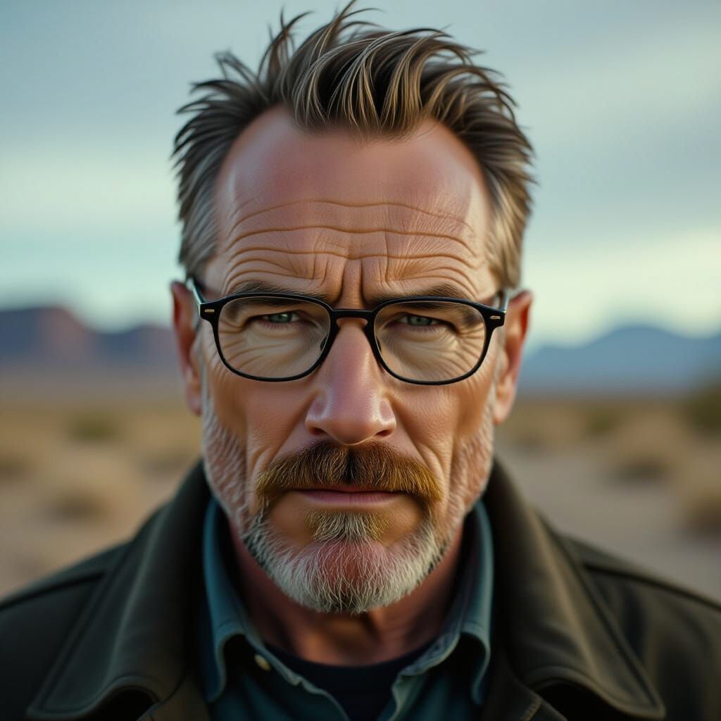 Intense Walter White in Desert Landscape, Cinematic Style