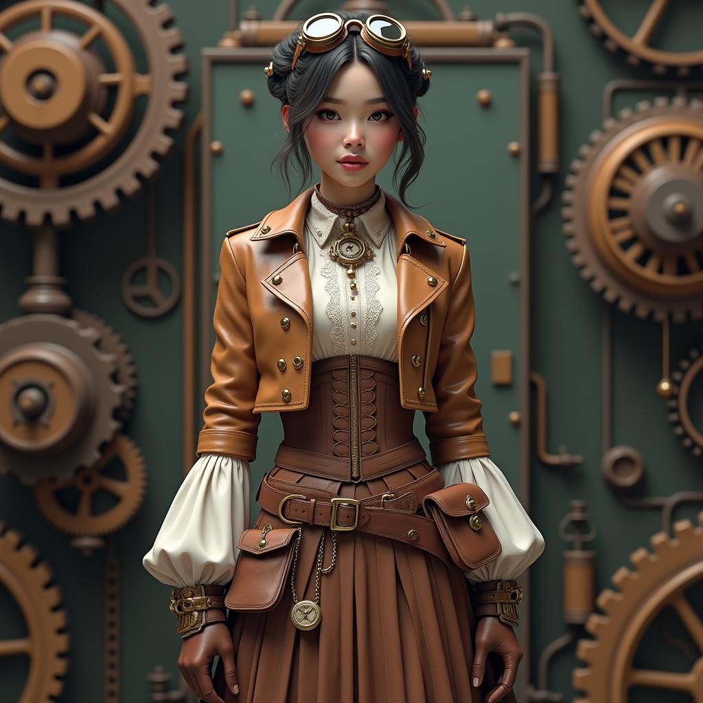 Steampunk Woman in Gear-Adorned Outfit