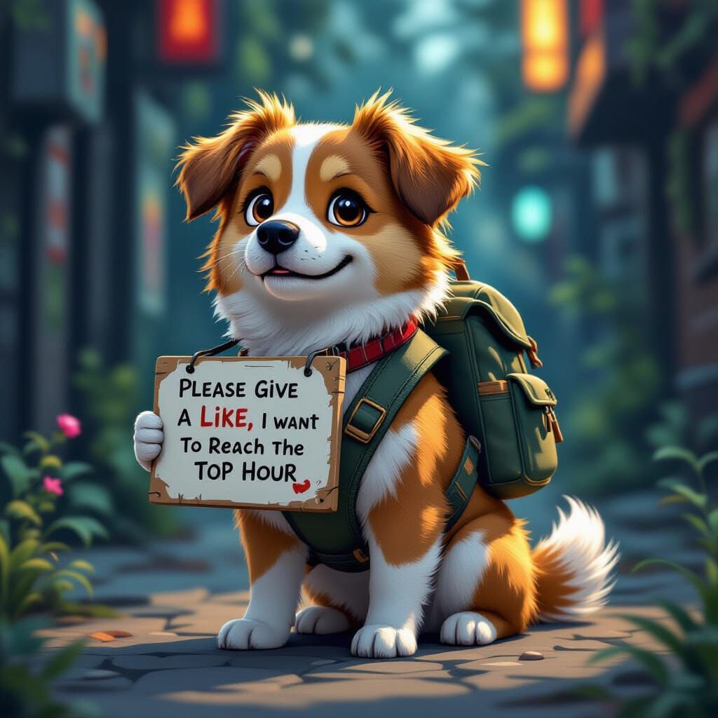 Cute Dog with Backpack in Detailed Digital Painting