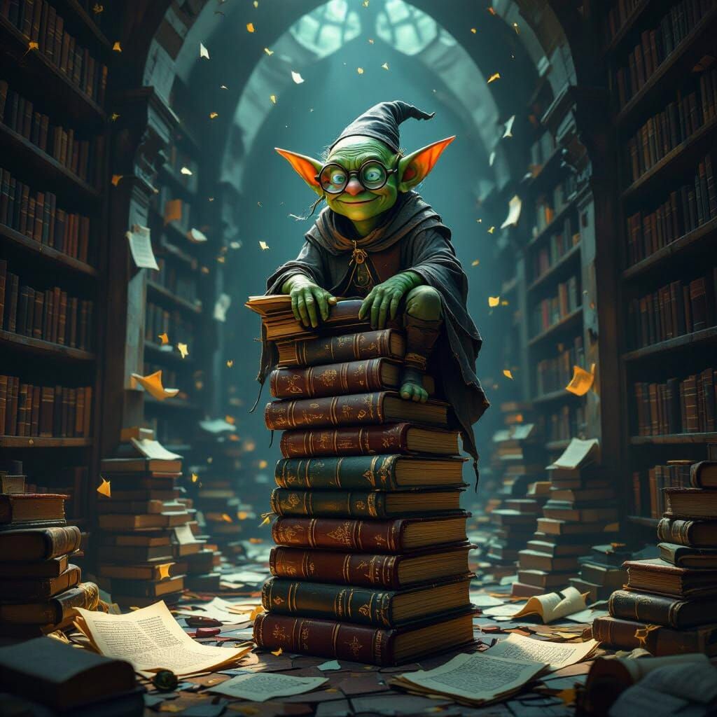 Mischievous Goblin Scholar in Ancient Library