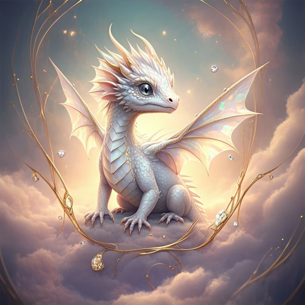 Iridescent Baby Dragon in Ethereal Pastel Setting