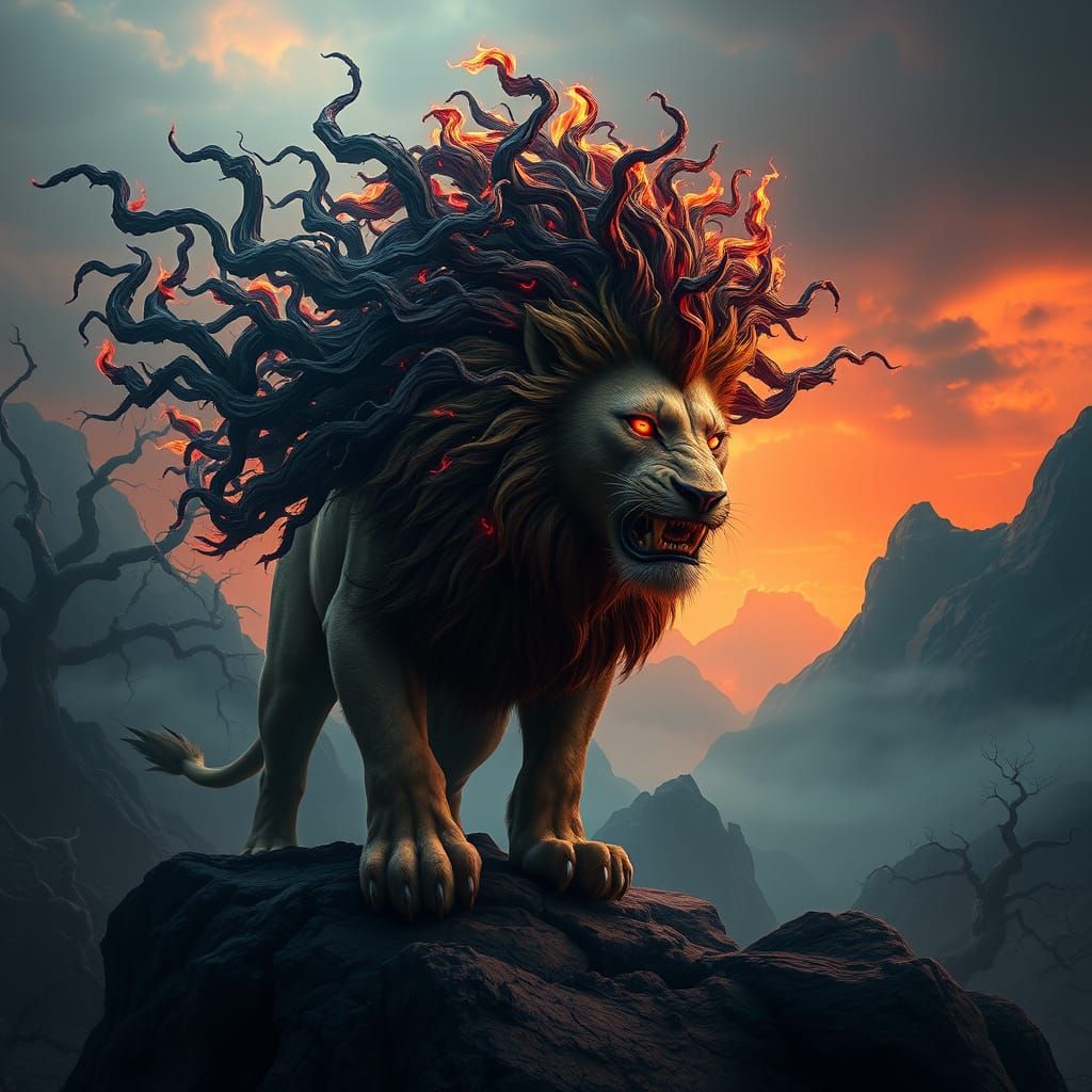 Fearsome Hades-Lion Hybrid in Dark, Twisted Landscape