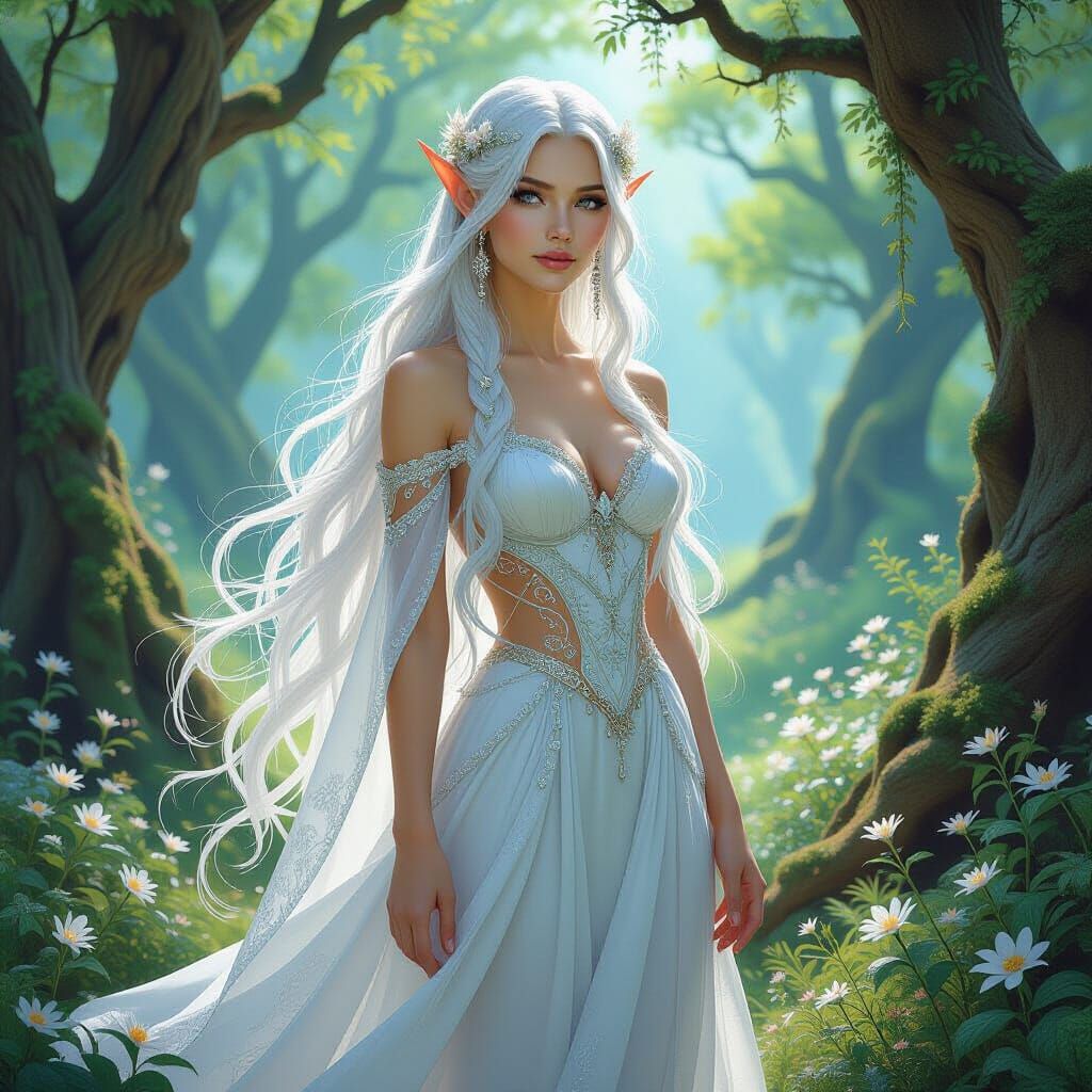 Elven Woman in Mystical Forest, Art Nouveau Style