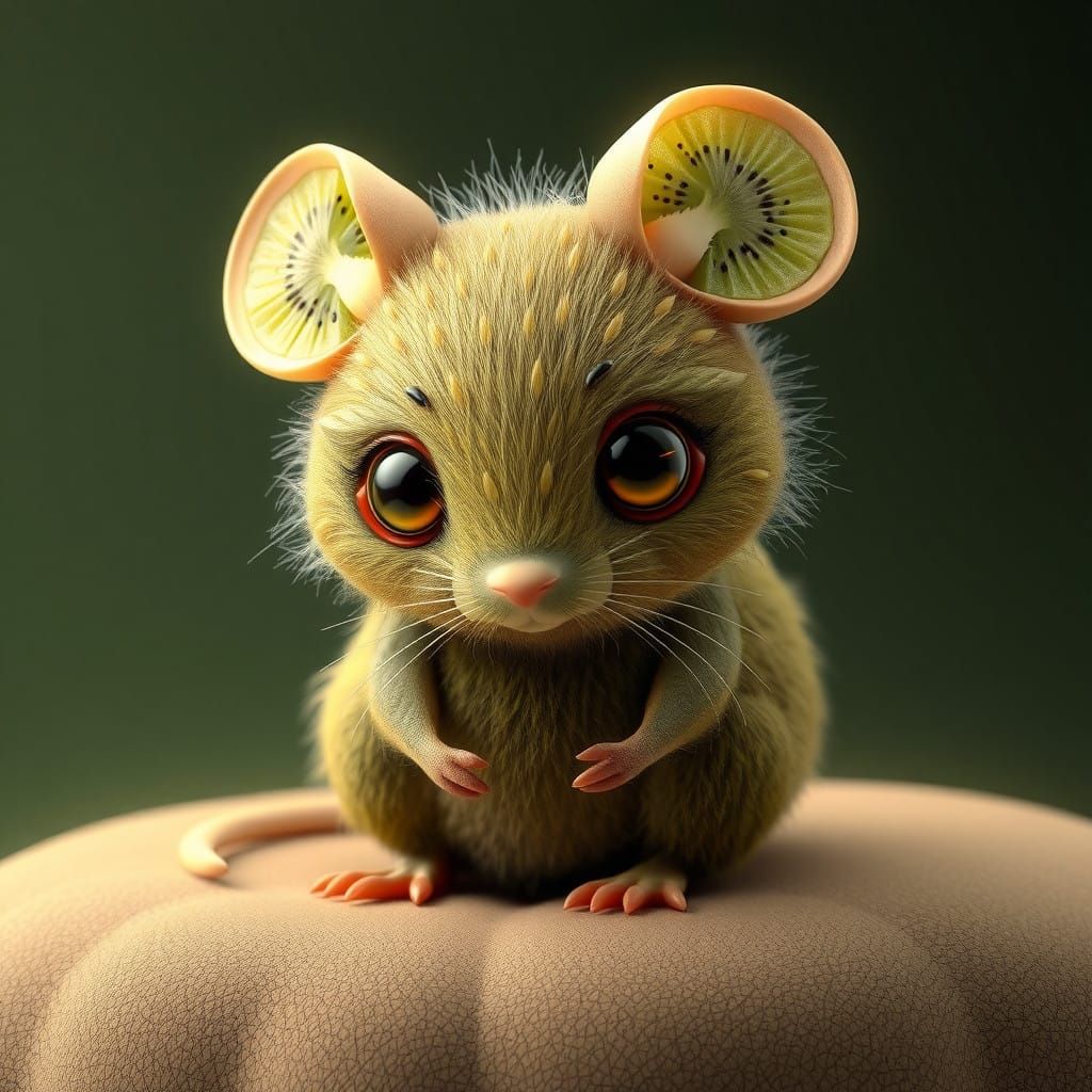 Surreal Zoomorphic Kiwi Mouse Surrounded by Muted Earth Tone...