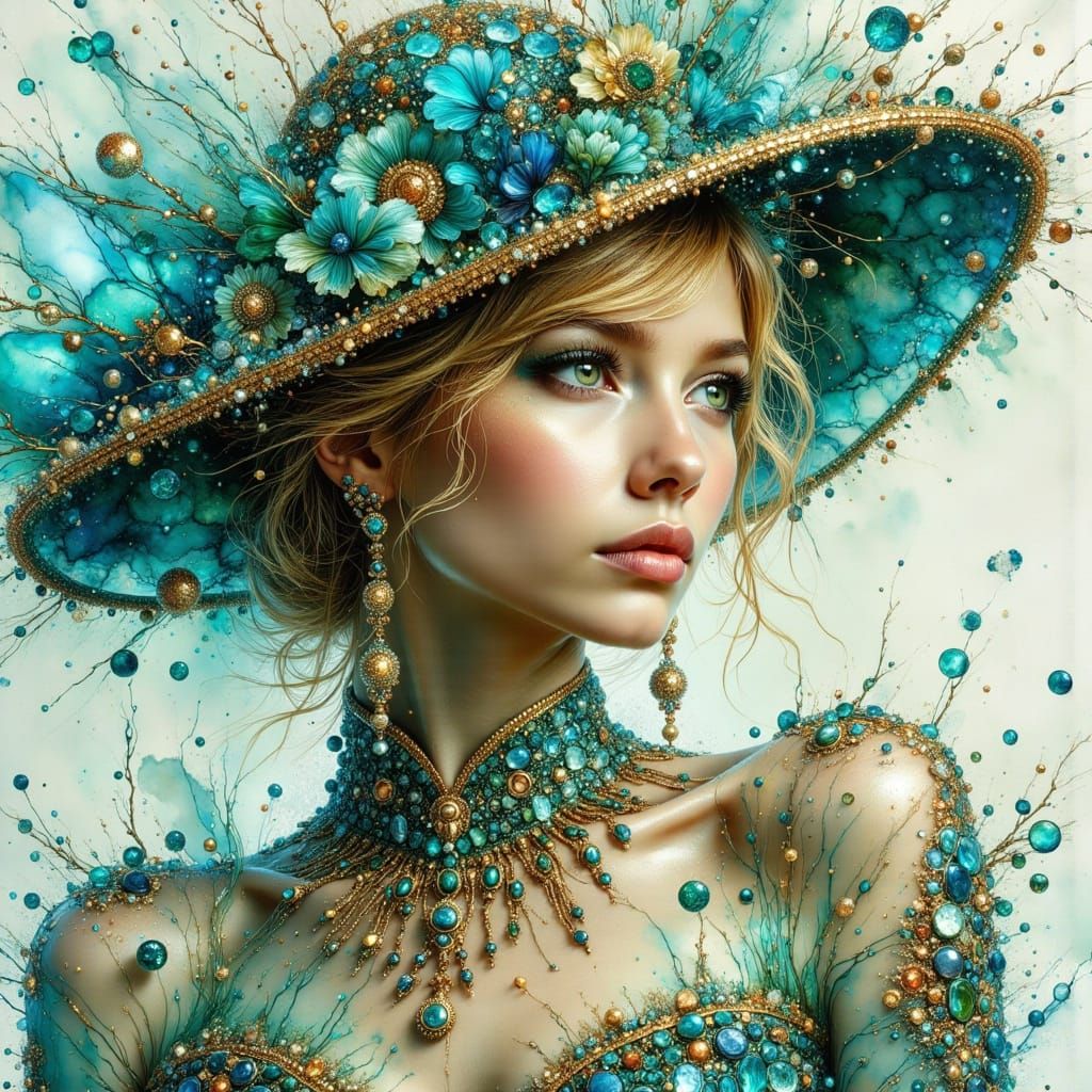 Woman in Turquoise with Gold Gem Jewellery