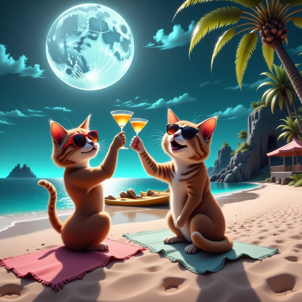 Golden Age Cats Dance the Can Can on Moonlit Beach